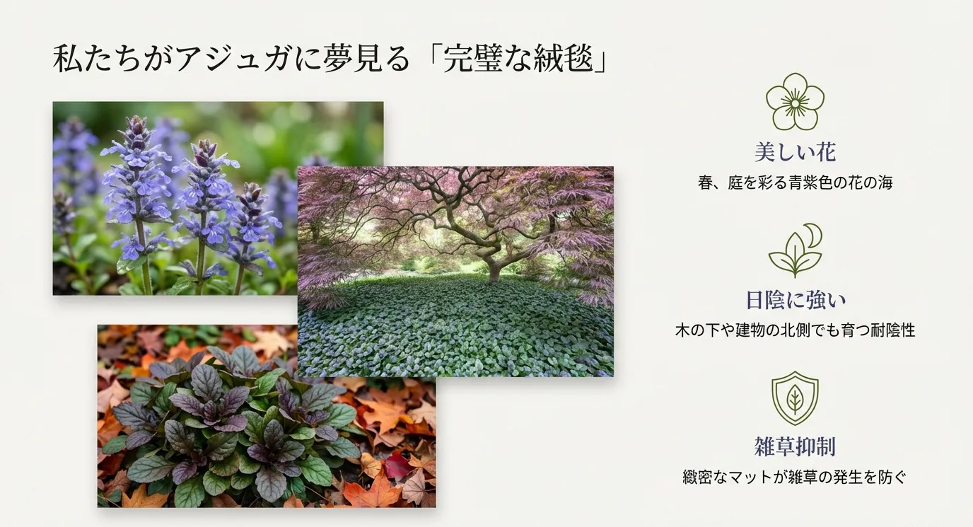 アジュガの「美しい花」「日陰に強い耐陰性」「雑草抑制効果」という3つのメリットを解説したスライド