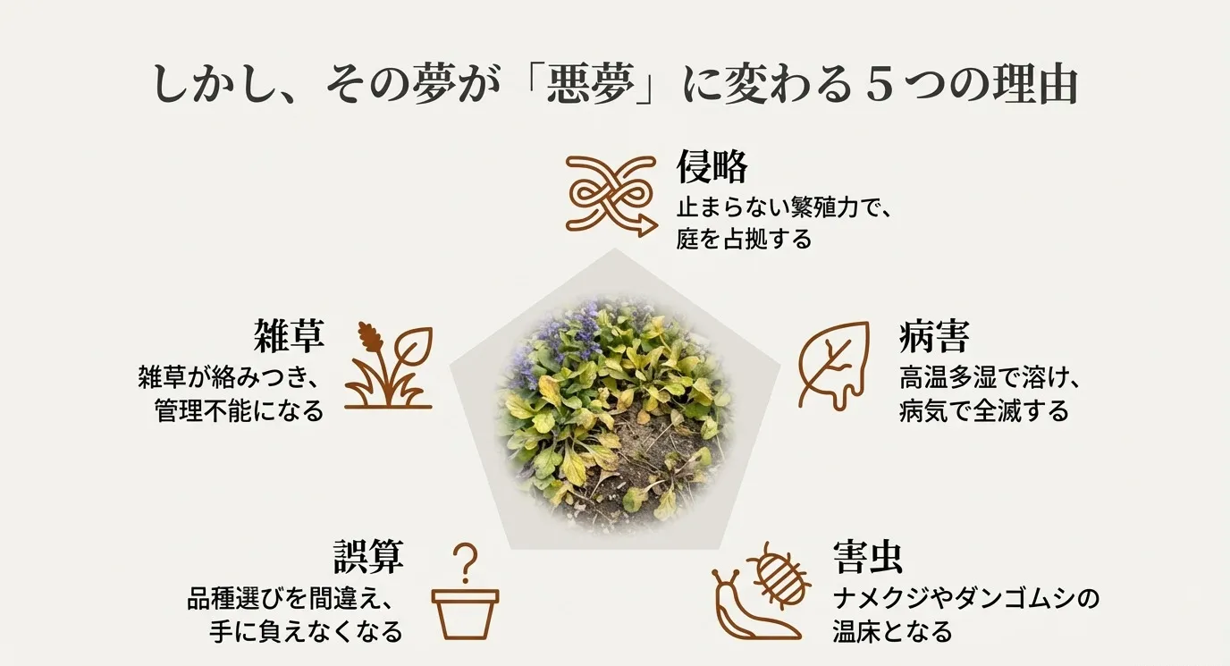アジュガのデメリットである「雑草化」「侵略」「病害」「品種の誤算」「害虫被害」の5つをアイコンで示した図