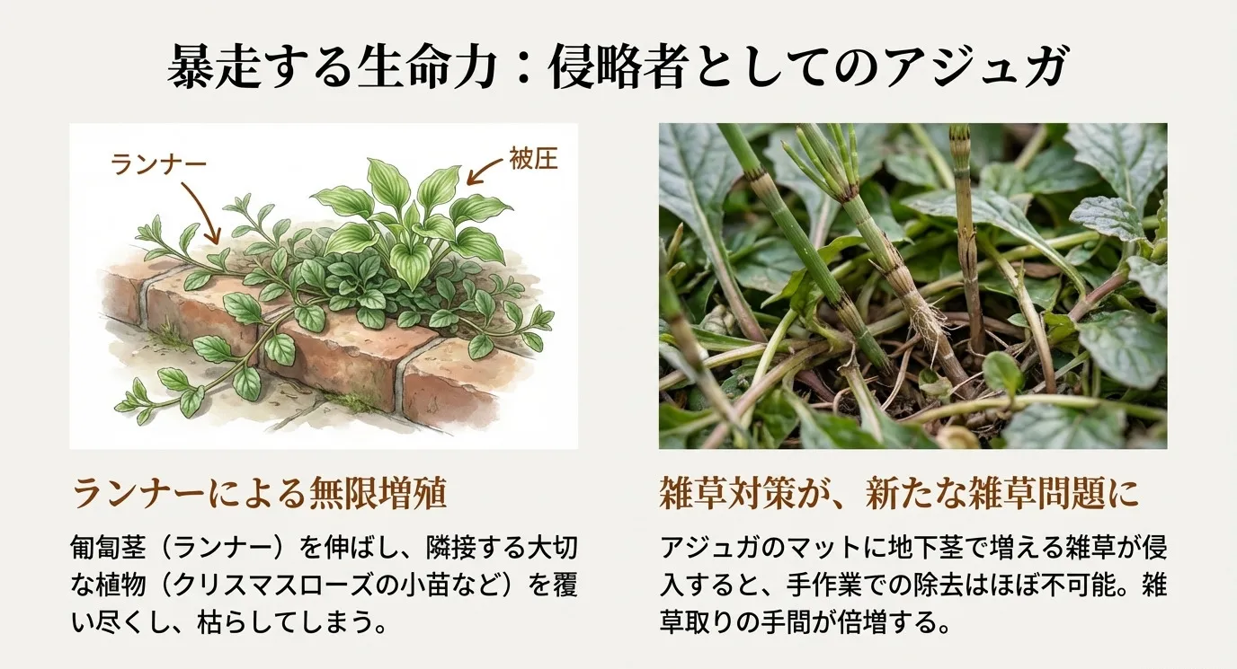 アジュガがランナー（匍匐茎）を伸ばし、隣接する他の植物を覆い尽くして「被圧」する様子を描いたイラスト