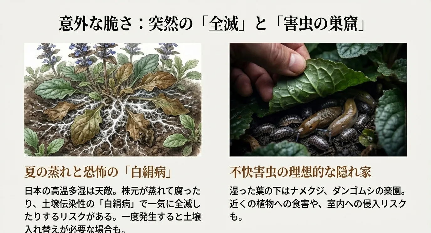 土壌伝染性の白絹病で根が菌糸に覆われる様子と、葉の下にナメクジやダンゴムシが密集している様子を描いたイラスト