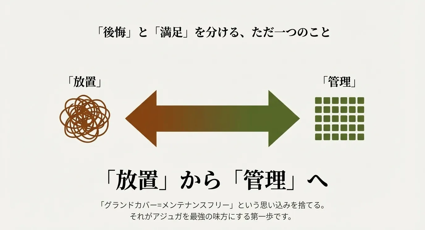 根が絡まり放題の「放置」状態から、整然とした「管理」状態へ移行することの重要性を示した概念図