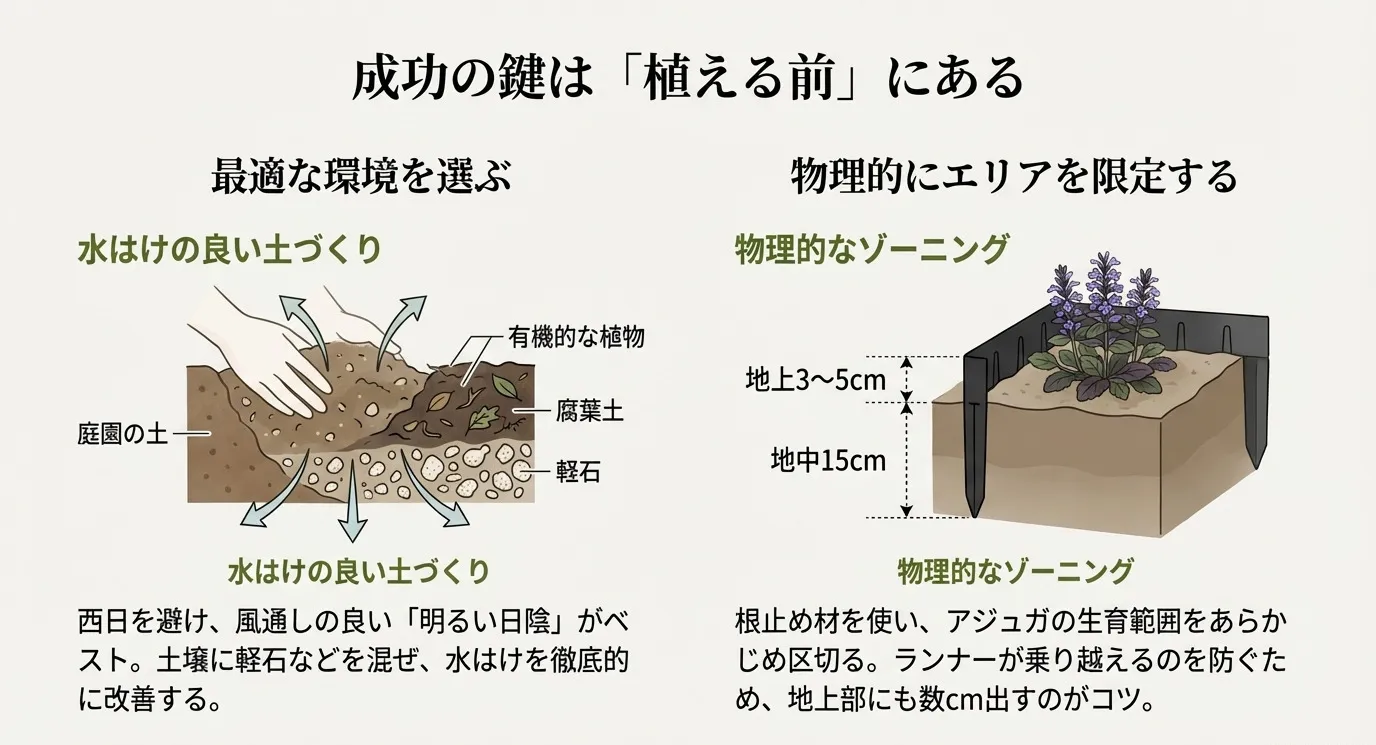 アジュガの植え付け断面図。根止め材を地上3〜5cm出してゾーニングする方法と、腐葉土や軽石を用いた排水性の良い土壌構造のイラスト