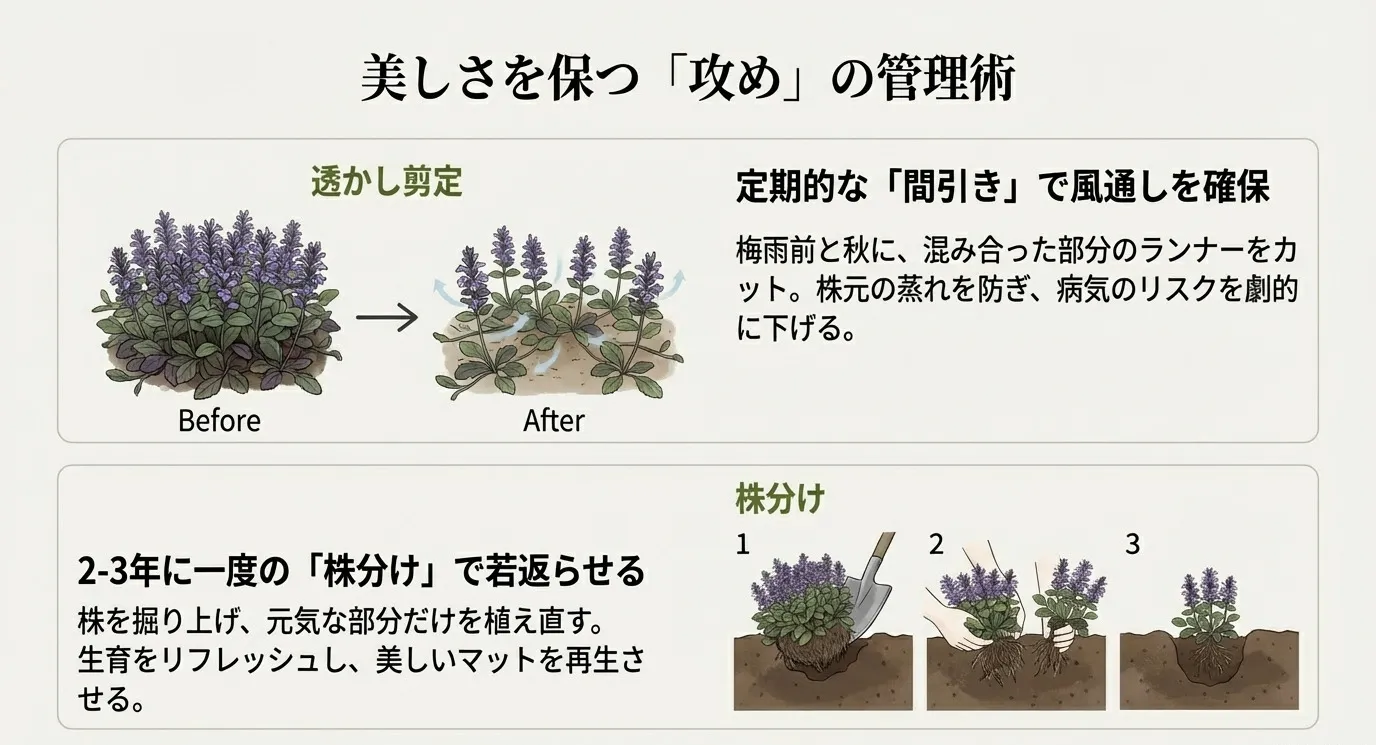 アジュガの混み合った部分を間引く「透かし剪定」と、スコップで株を掘り上げて更新する「株分け」の手順を示したイラスト