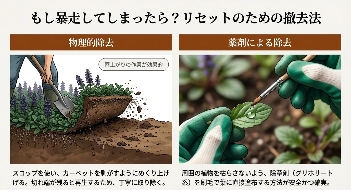 スコップを使ってカーペット状のアジュガを剥がす様子と、筆を使って除草剤を葉に直接塗る安全な駆除方法のイラスト