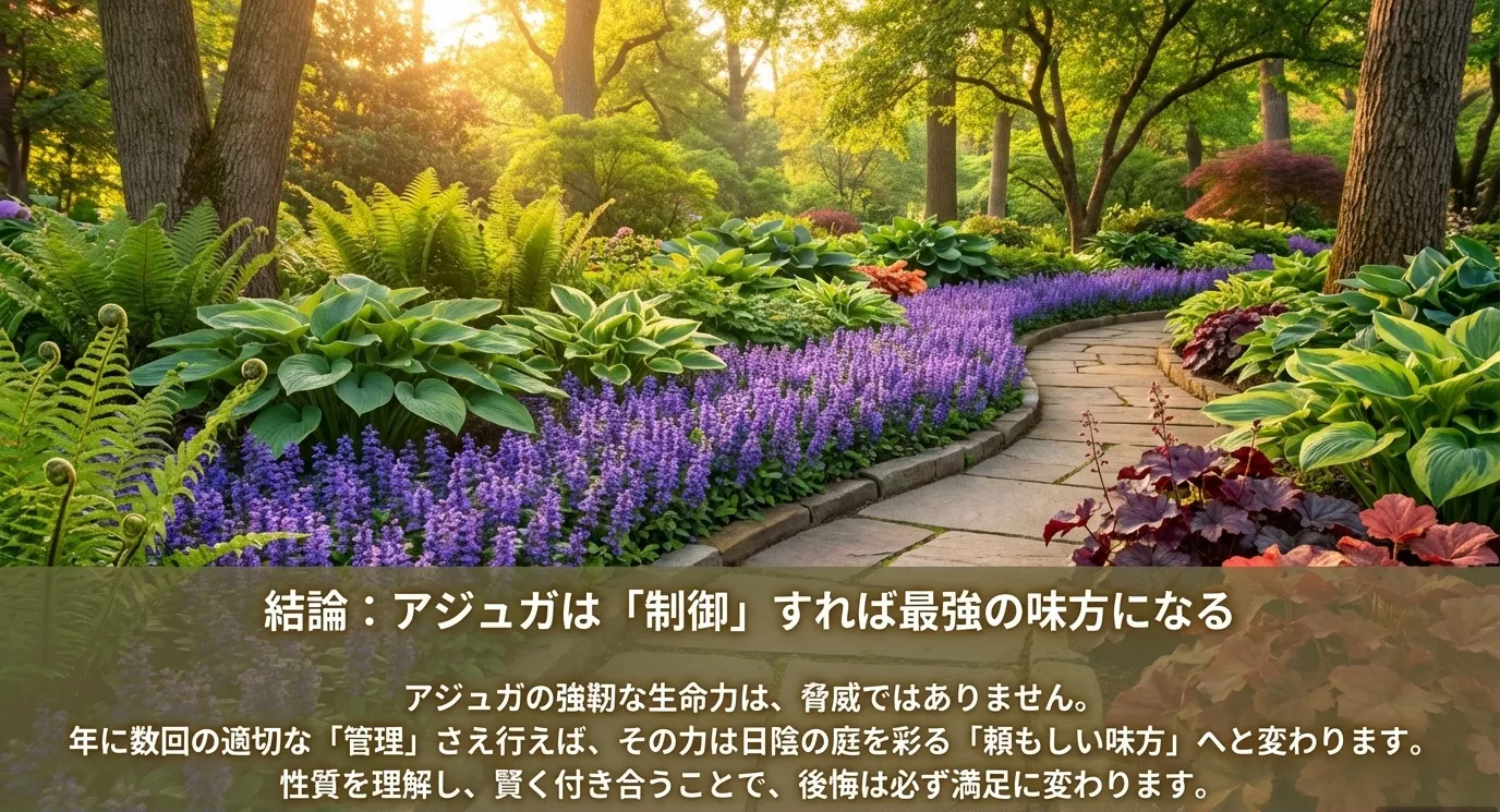 「アジュガは制御すれば最強の味方になる」という結論メッセージと、適切に管理された美しいアジュガのイラスト