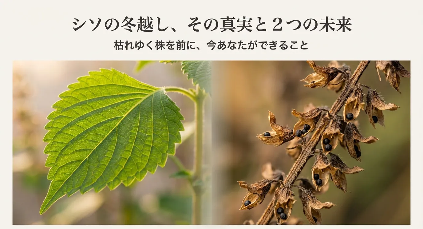 青々としたシソの葉と、枯れて種を結んだ花穂の対比写真。「シソの冬越し、その真実と2つの未来」というタイトル文字