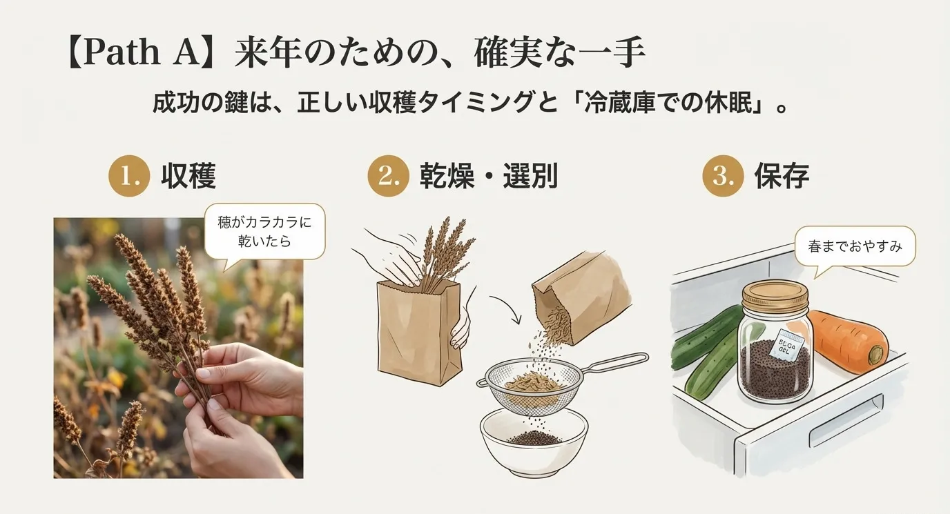 枯れた穂から種を揉み出し、選別し、乾燥剤とともに瓶に入れて冷蔵庫の野菜室で保管するまでのイラスト図解。