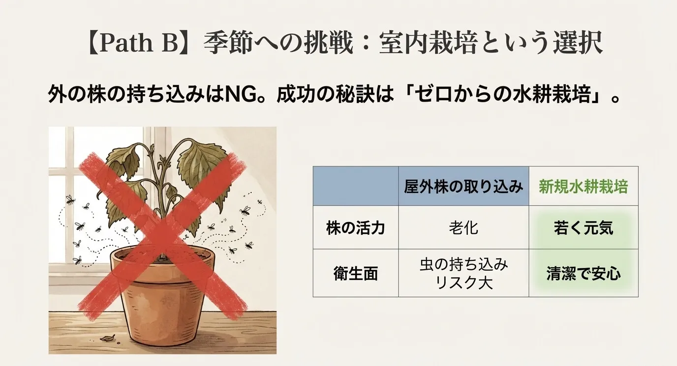 枯れかけた屋外の鉢植え（NG・虫のリスク）と、清潔な室内水耕栽培（OK・元気な葉）を比較したイラスト。