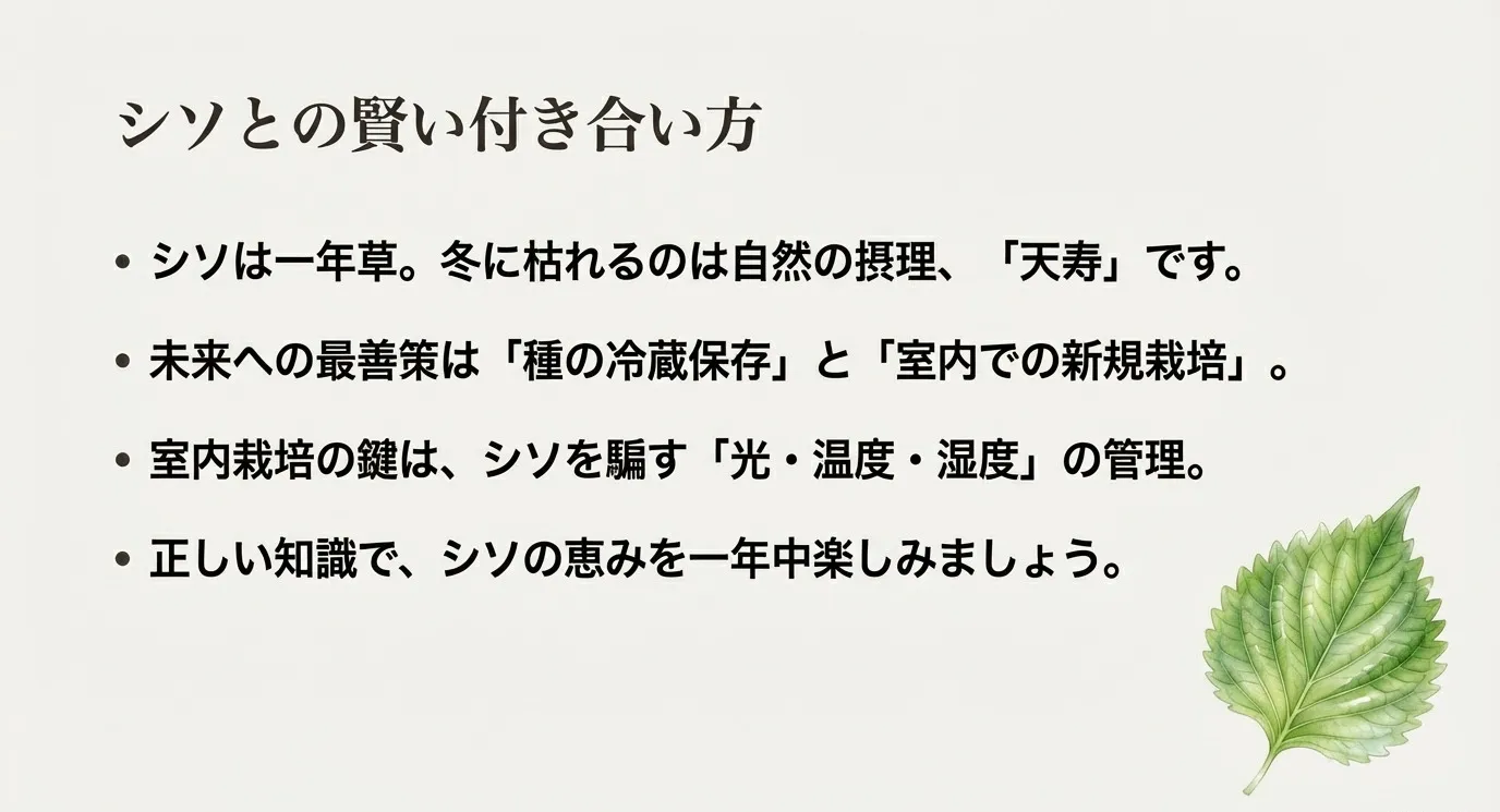 美しいシソの葉のイラストを背景に、一年草の理解、種の冷蔵保存、室内での光管理など、記事の要点をまとめた箇条書きスライド。