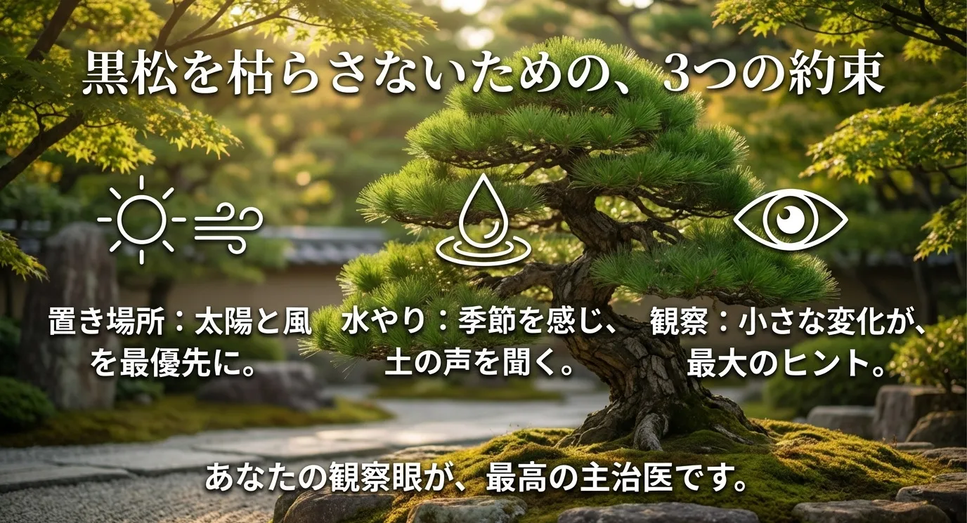 置き場所、水やり、観察の3要素が重要であることを示すアイコンと、「あなたの観察眼が、最高の主治医です」というメッセージ。