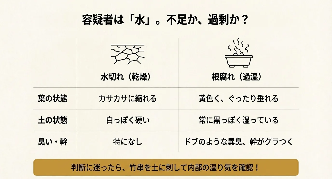 水切れ（乾燥）と根腐れ（過湿）それぞれの葉の状態、土の状態、臭いの違いを比較したチェックリスト。