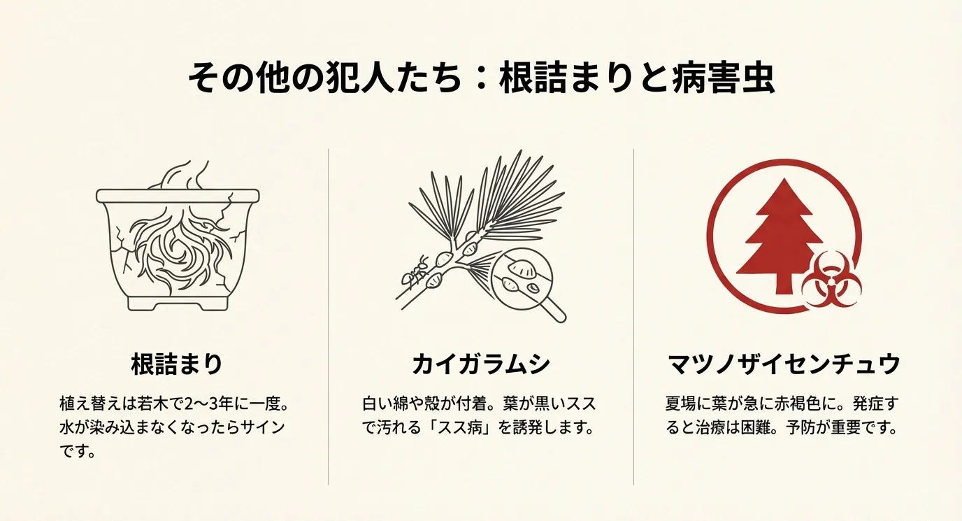 鉢の中で根が詰まっている様子と、枝に付着したカイガラムシや病気の注意喚起イラスト。