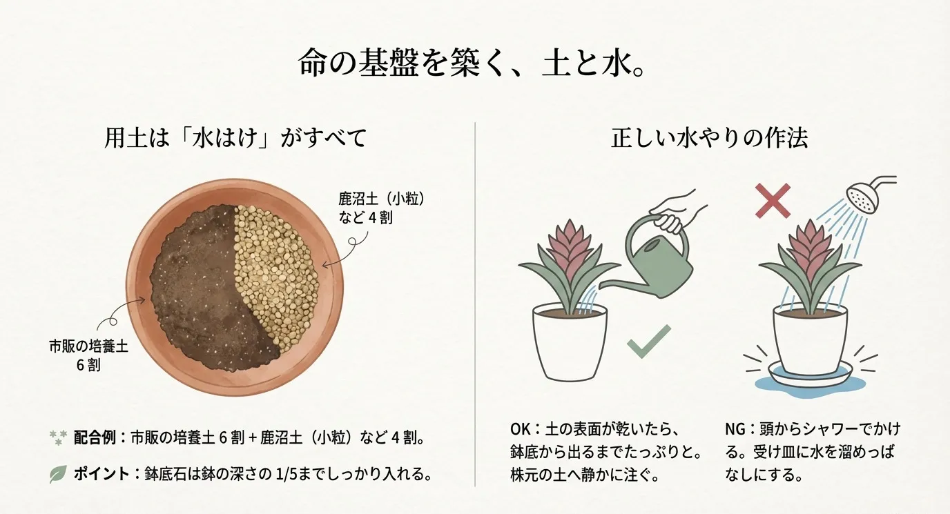 市販の培養土6割に対し鹿沼土などを4割混ぜる円グラフと、株元に優しく水を注ぐ正しい水やりのイラスト