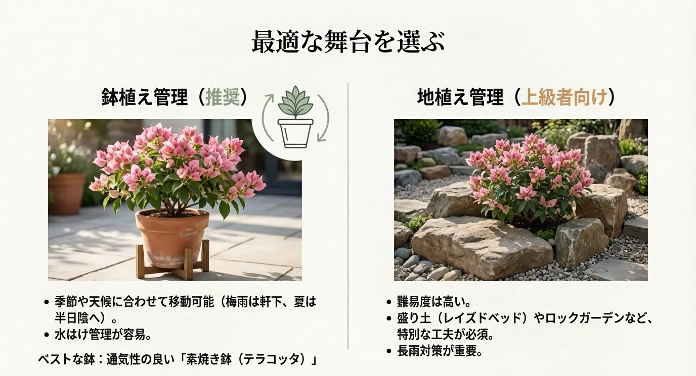 テラコッタ鉢に植えられたオレガノケントビューティーと、ロックガーデン風に地植えされた様子の写真。「最適な舞台を選ぶ」という解説