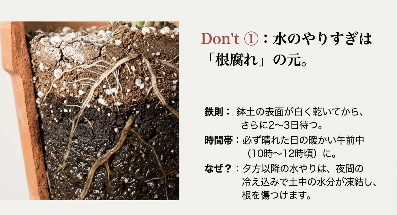 鉢の中の根の断面図と、水やりのNG行動（やりすぎ）、OK行動（乾いてから数日待つ・午前中に行う）を解説したスライド