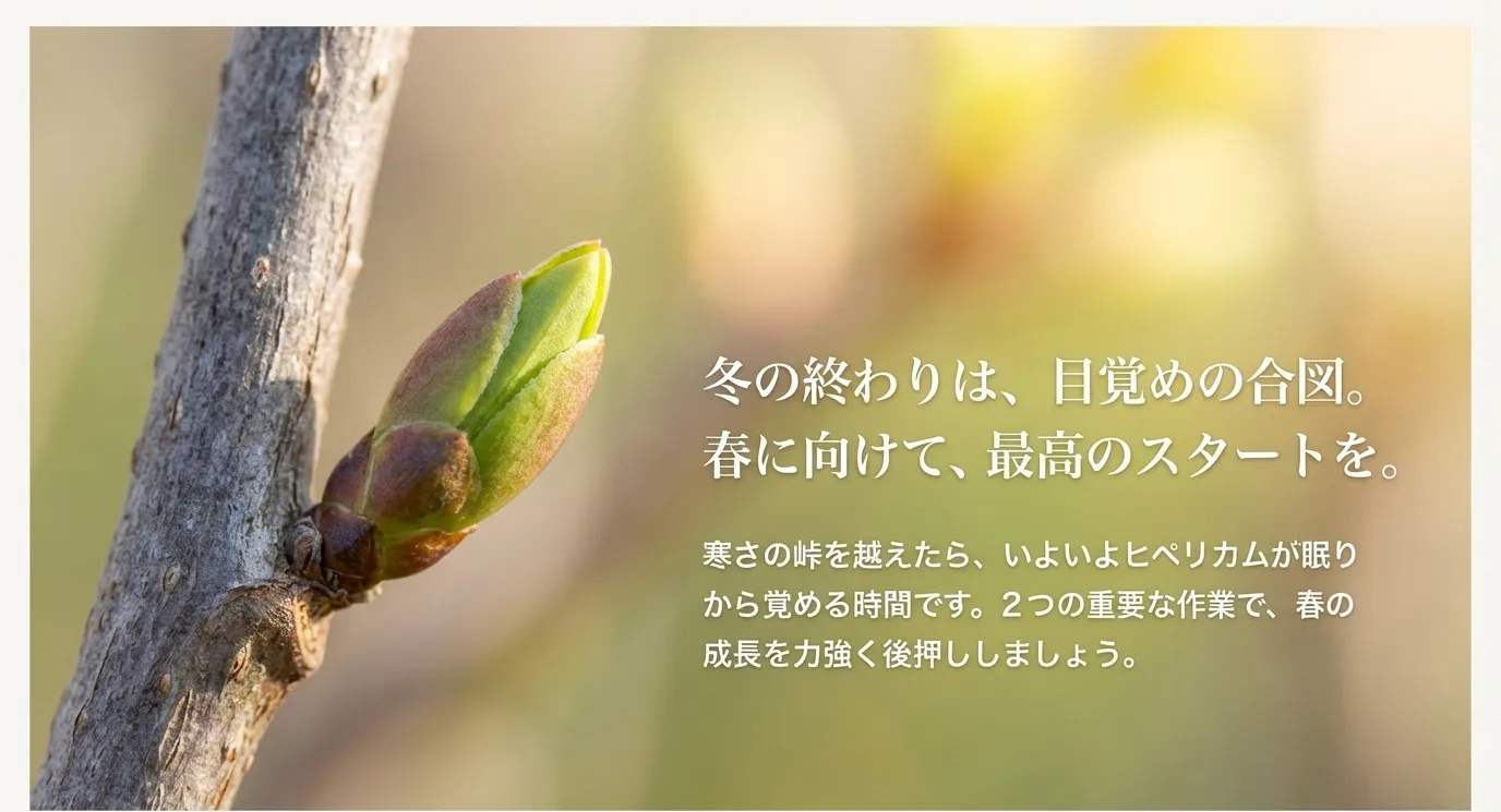冬の終わりを告げ、春の準備として2つの重要な作業（剪定とマルチング）があることを示唆する導入スライド