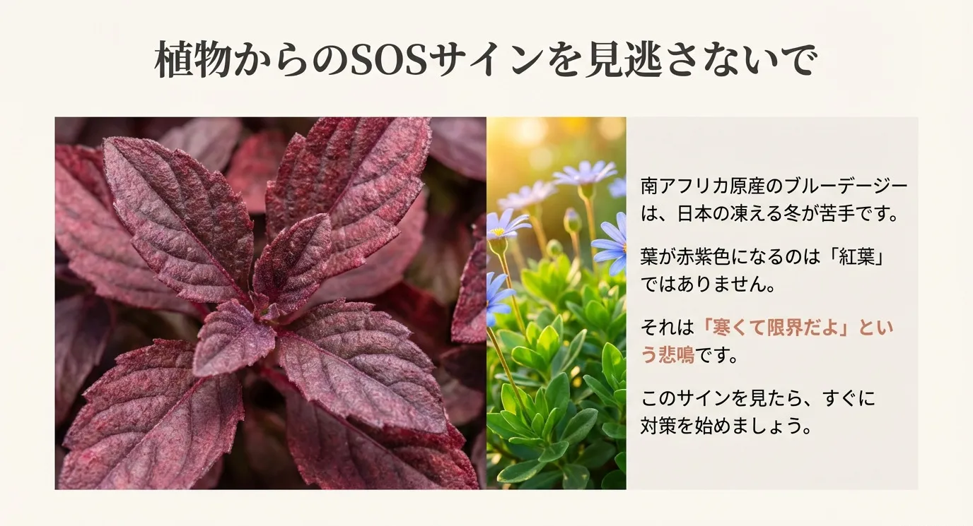 葉が赤紫色になるのは紅葉ではなく、寒さによるSOSサインです 。