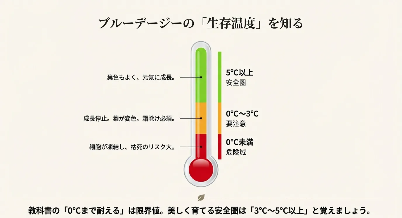 5℃以上は安全圏、0℃〜3℃は要注意、0℃未満は枯死のリスクがある危険域を示す温度計の図 。