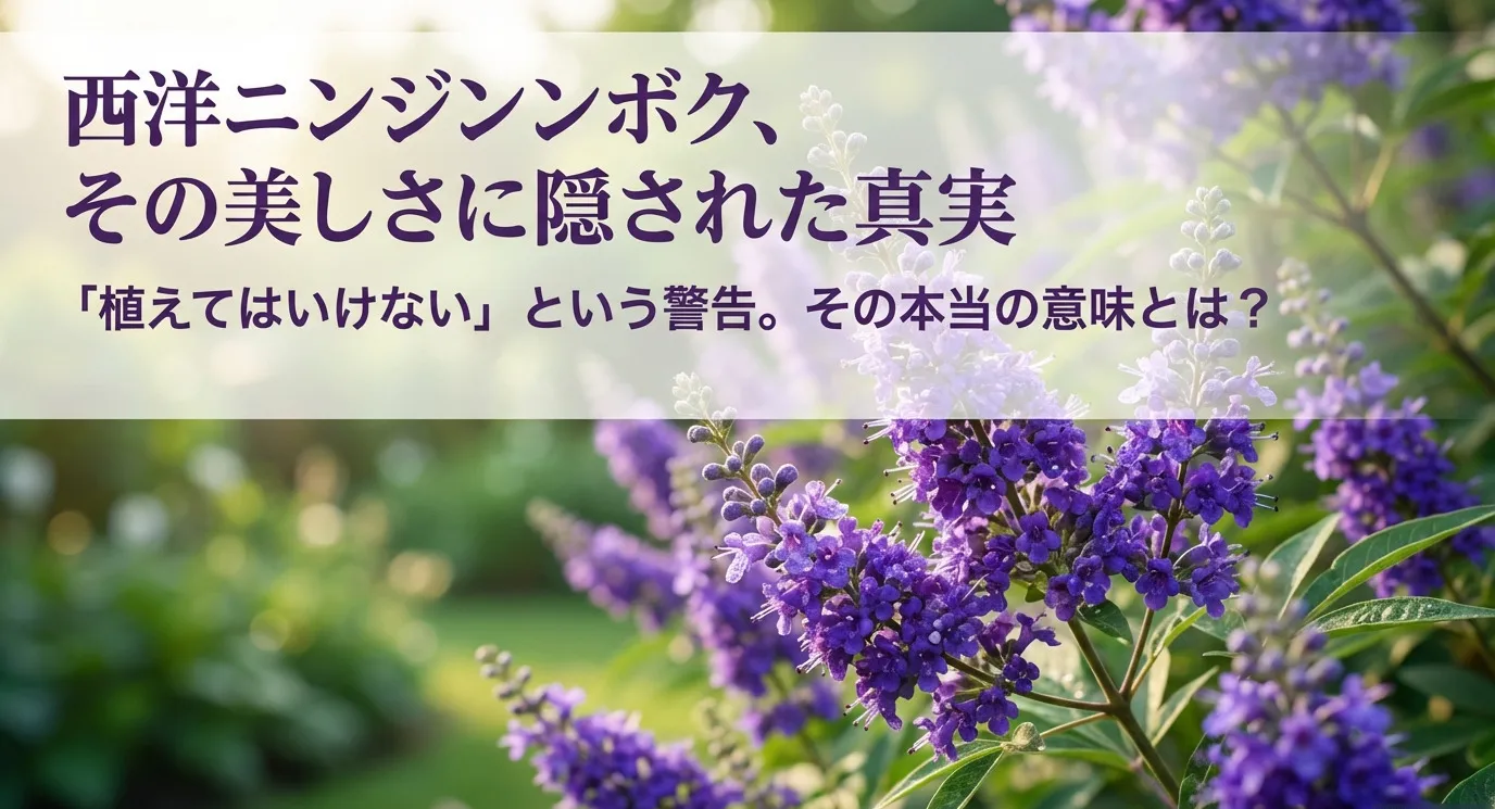 西洋ニンジンボクのタイトルスライド。「美しさに隠された真実」「植えてはいけないという警告」という文字
