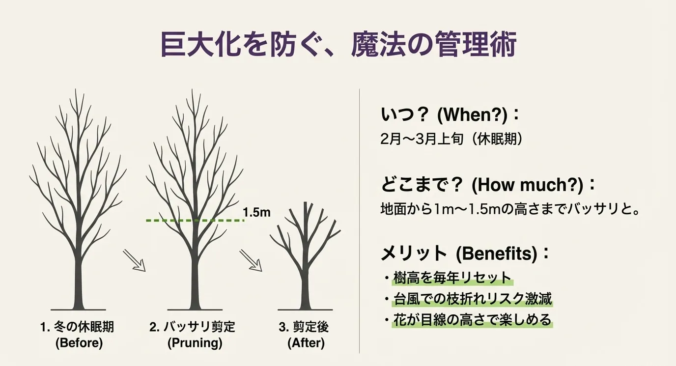 剪定バサミのイラスト。「たった一つの知識がすべてを解決する」「冬の強剪定」というキャッチコピー