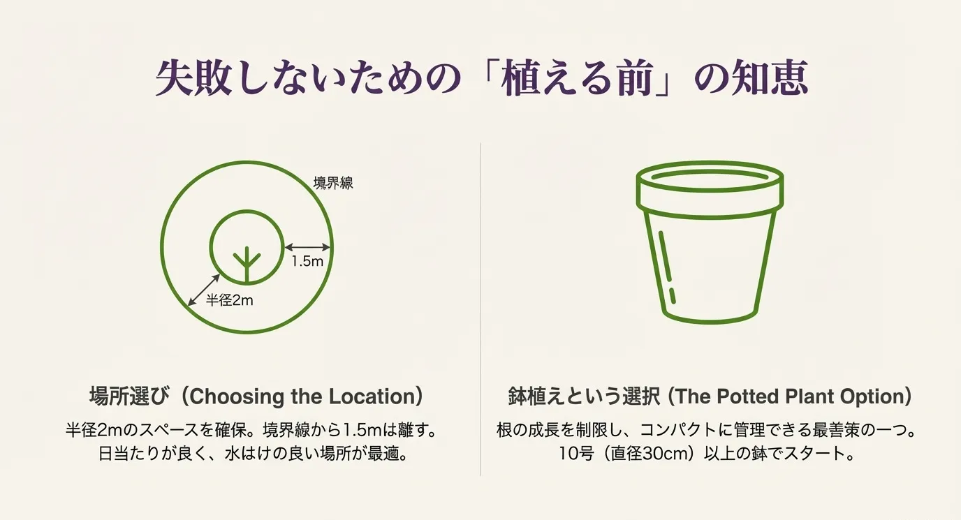 冬の休眠期、バッサリ剪定（1.5m位置）、剪定後の樹形変化を示した3段階のイラスト図解