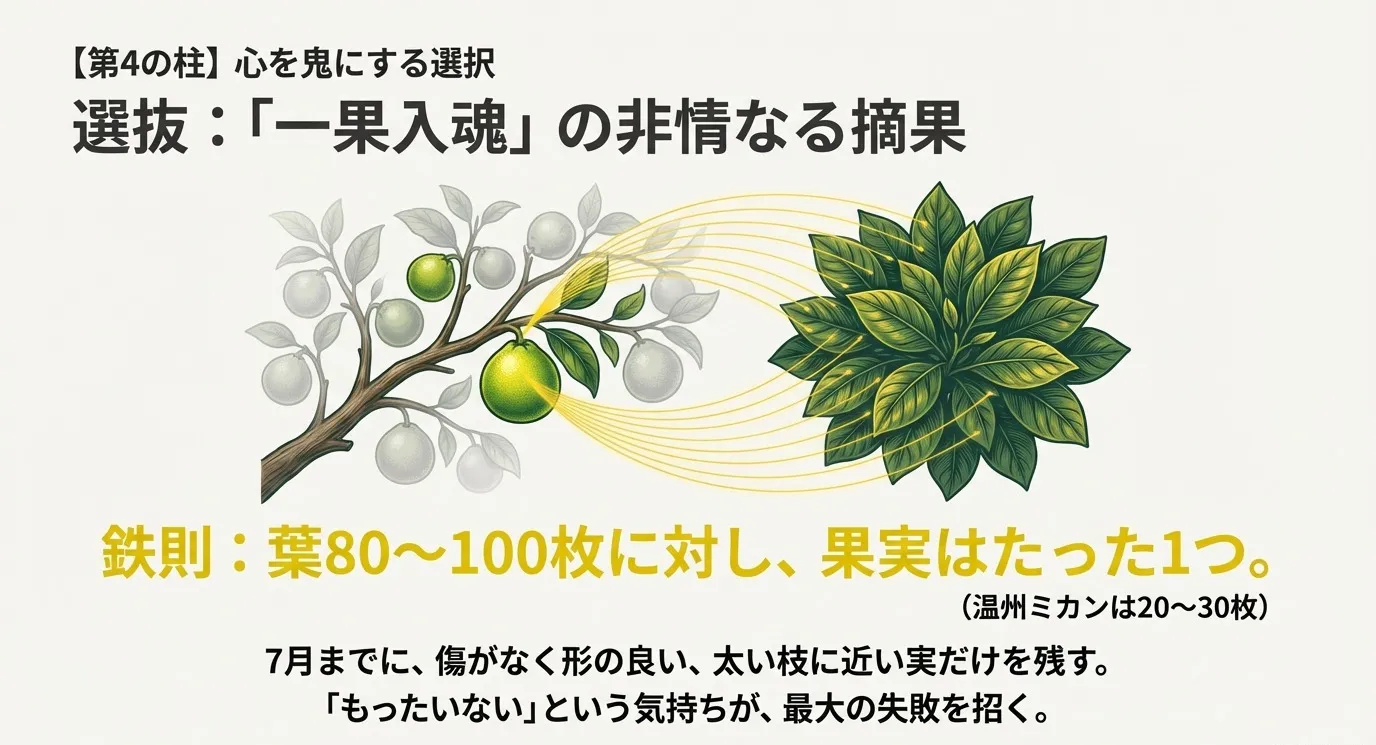 たくさんの葉の中に果実が一つ実っているイラスト。「第4の柱 心を鬼にする選択」。葉80～100枚に対し果実はたった1つにするという「一果入魂」のルール説明