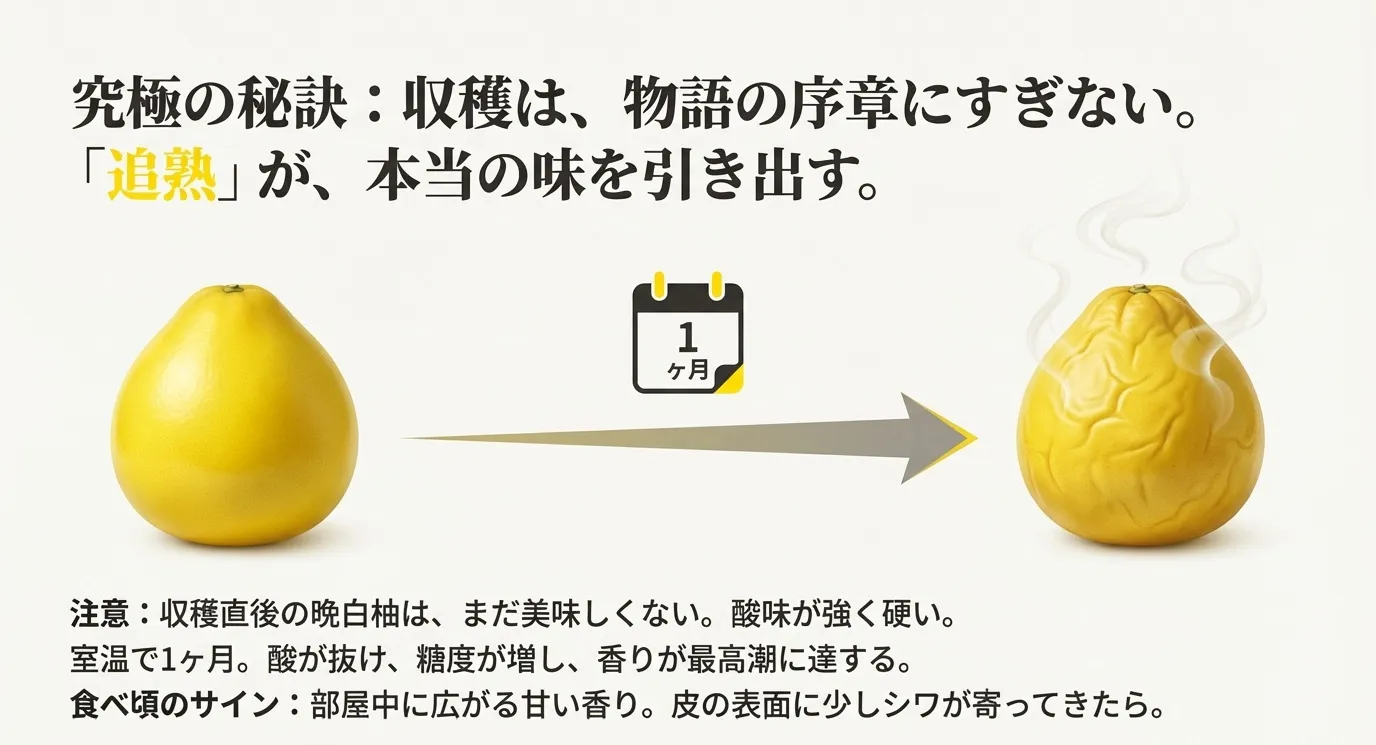 黄色く実った晩白柚とカレンダーのイラスト。「収穫は物語の序章にすぎない」。収穫後、室温で1ヶ月追熟させることで酸が抜け、香りが増すことを説明する図