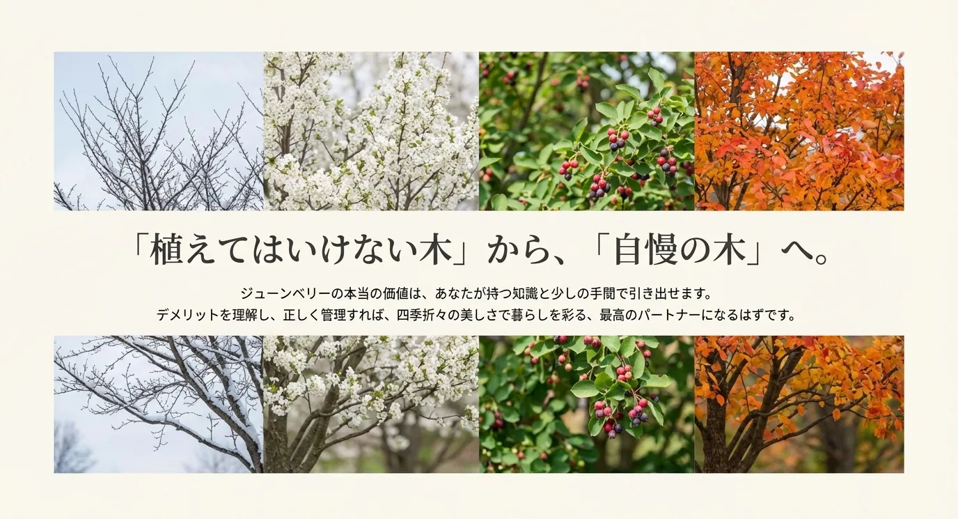 ジューンベリーの四季（冬の樹形、春の白い花、初夏の実、秋の紅葉）を並べた美しい写真。植えてはいけない木から自慢の木へ変わるというメッセージ