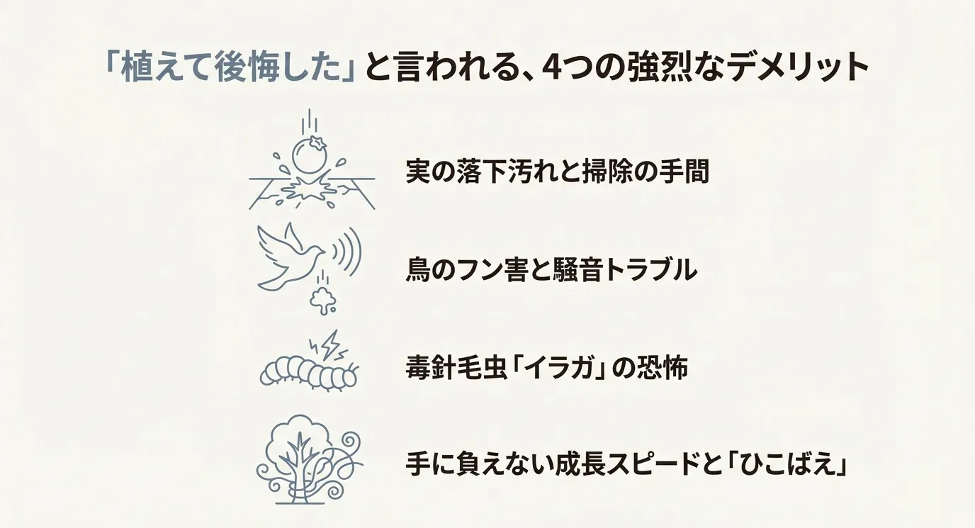 ジューンベリーの4つのデメリット（実の落下汚れ、鳥のフン害と騒音、毒針毛虫イラガ、手に負えない成長スピード）を示すアイコンイラスト