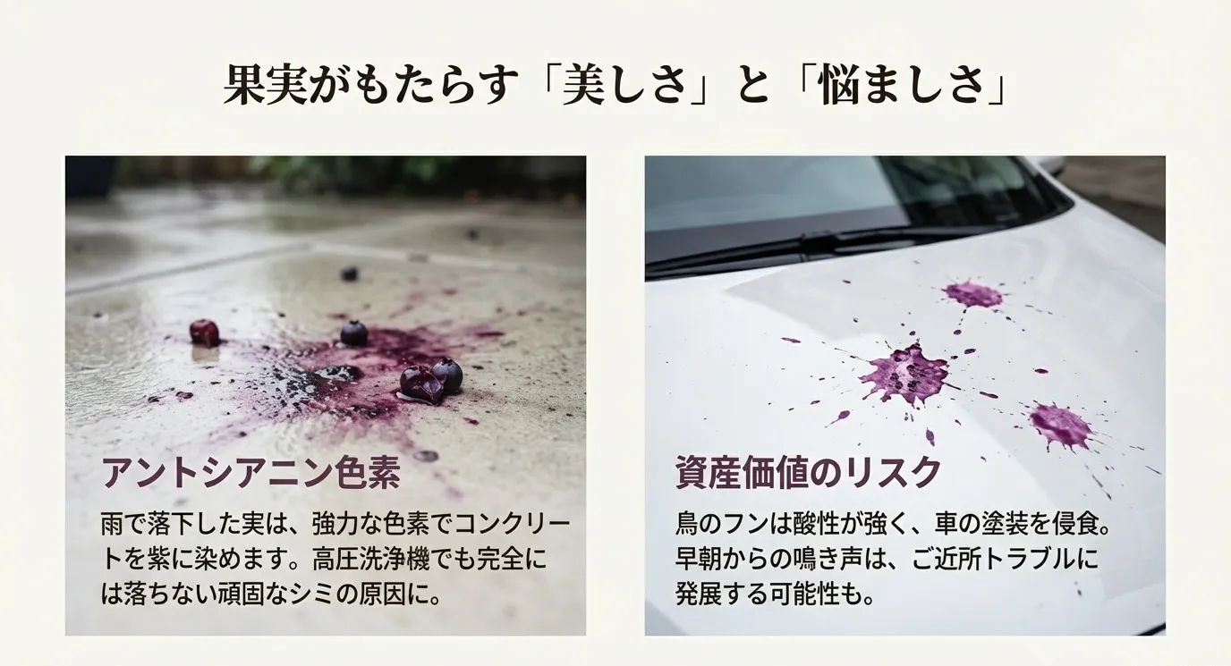 コンクリートの地面に落下し、潰れて紫色のアントシアニン色素のシミを作っているジューンベリーの実の写真