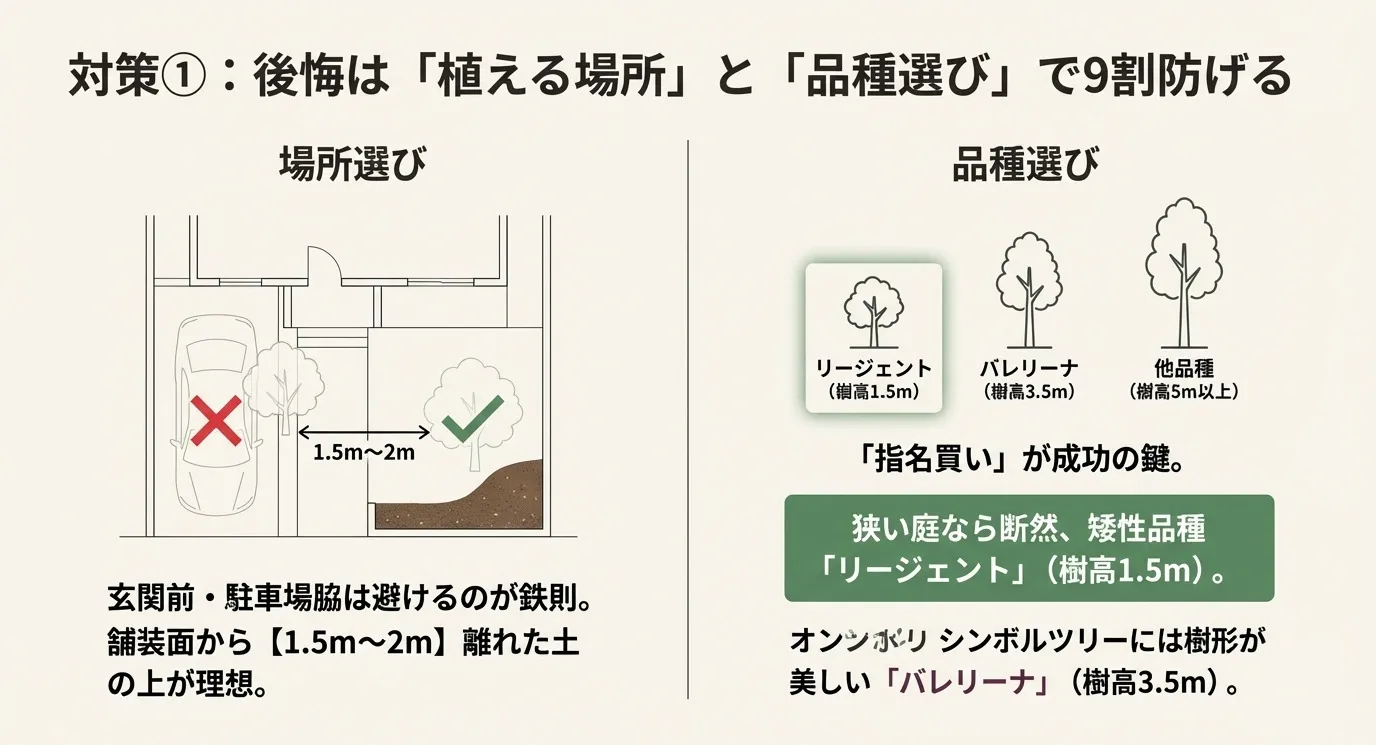 車と庭木の適切な距離（1.5m〜2m）を示す図と、樹高の異なる品種（リージェント1.5m、バレリーナ3.5m、他品種5m以上）の比較イラスト