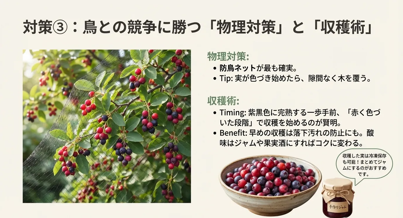 ジューンベリーの木全体に防鳥ネットを掛けている写真と、収穫した実で作った手作りジャムのイメージ画像