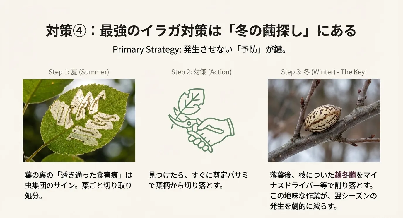 イラガの幼虫によって葉脈だけ残して食べられた葉（透かし食い）の写真と、枝に付着したウズラの卵のような模様の越冬繭の写真