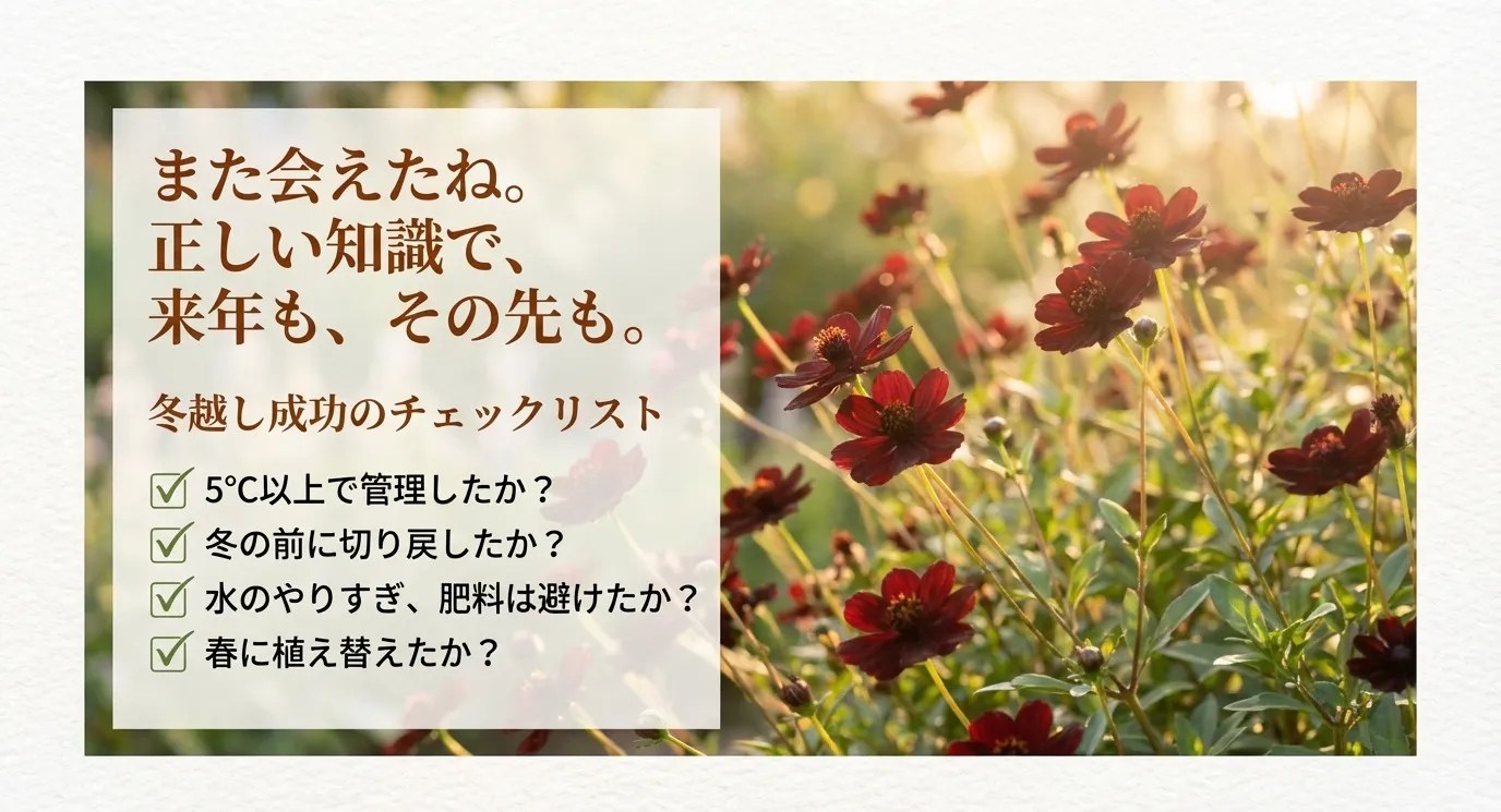 朝日を浴びて咲くチョコレートコスモスの写真と、冬越し成功のための4つのポイントが書かれたチェックリスト