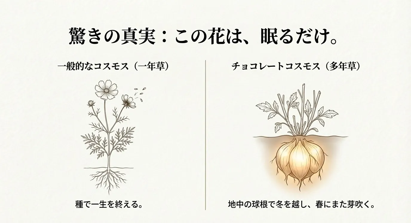 一般的な一年草のコスモスと、球根（塊根）を持つ多年草のチョコレートコスモスの構造を比較した図解