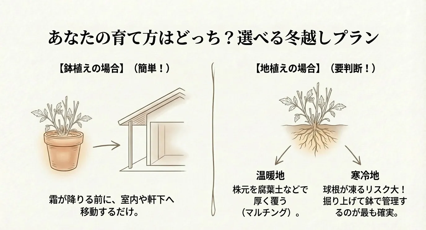 鉢植えを室内に移動させるイラストと、地植えの場合のマルチングや掘り上げの判断基準を示したフロー図 。