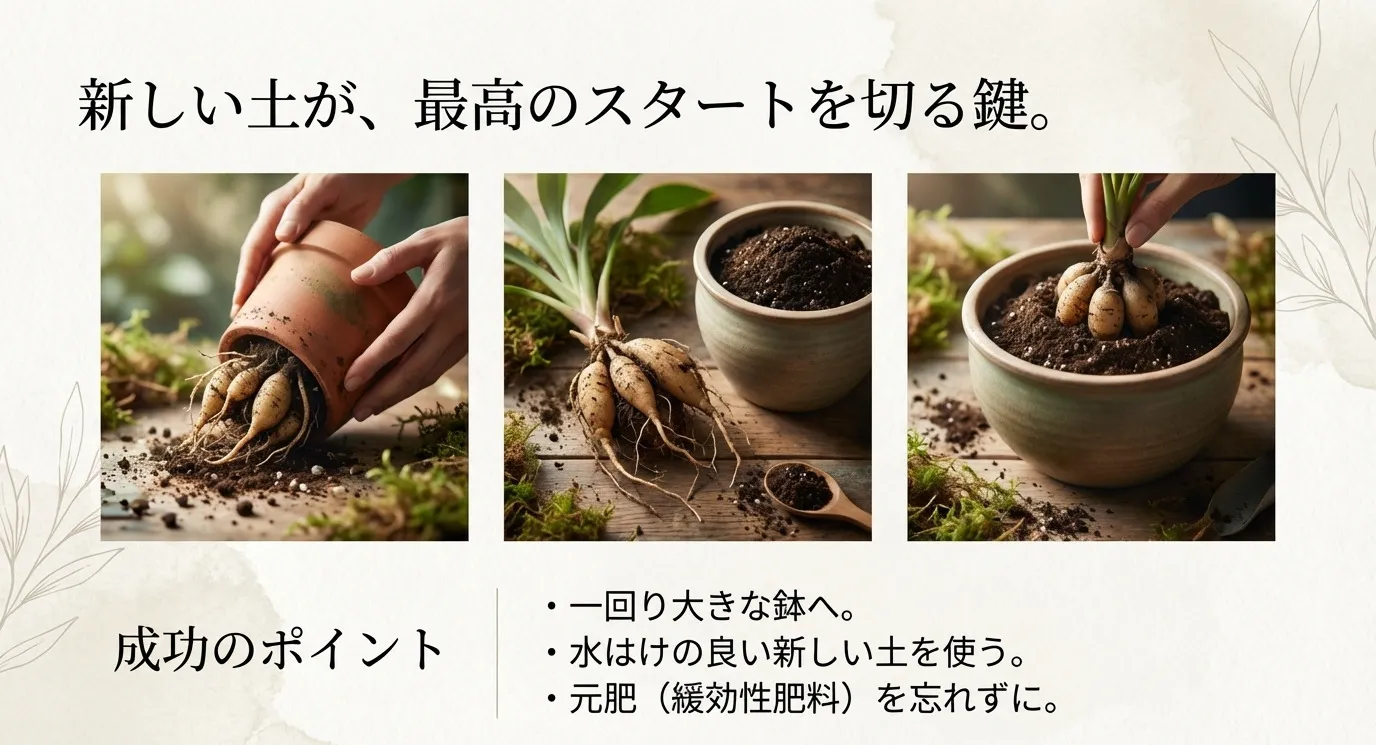 鉢から球根を抜き出し、新しい土を入れた一回り大きな鉢へ植え替えている作業風景のイラスト