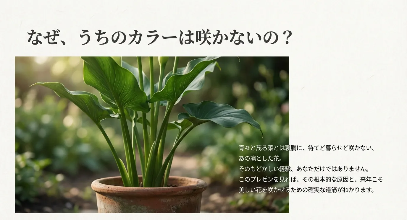 青々と茂る葉の陰で花が咲かない鉢植えのカラーの写真と、その原因と解決策を解説することを示す導入テキスト