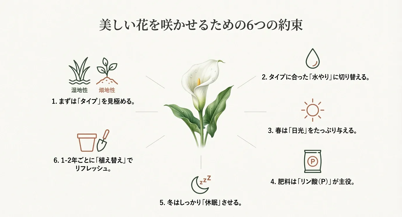 タイプ判別、水やり、日光、リン酸、休眠、植え替えという、開花のために守るべき6つのポイントをまとめた図解