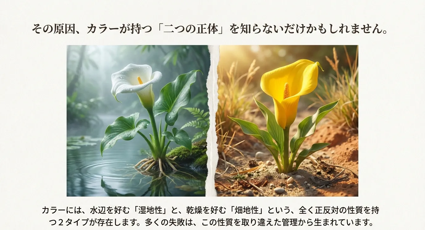 水辺で咲く白い湿地性カラーと、乾燥した地面で咲く黄色い畑地性カラーを比較したイメージ図