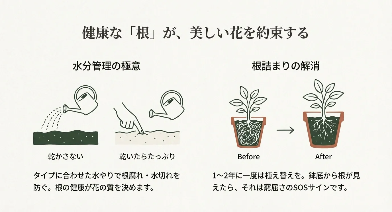 タイプに合わせた水やり（乾かさない・乾いたらたっぷり）の使い分けと、植え替えによる根詰まり解消のBefore/After図