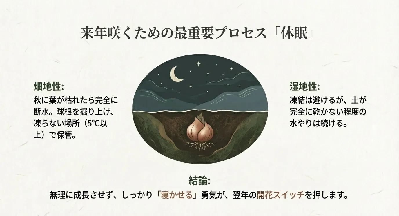 夜の地中で休む球根のイラストと、畑地性の断水・掘り上げ保管、湿地性の保湿管理について解説した図