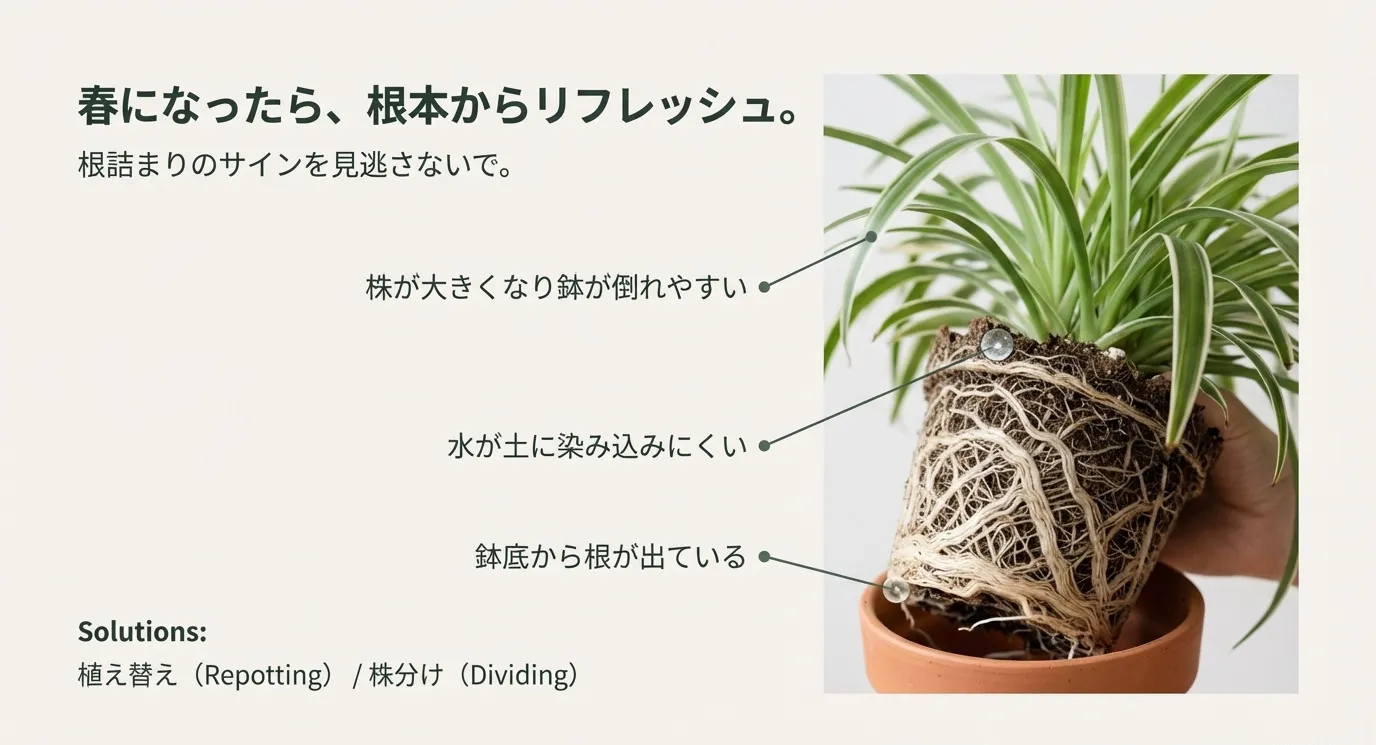 鉢から抜いた、根がびっしりと回ったオリヅルランの写真。鉢底から根が出ている様子や、水が染み込みにくいサインを解説