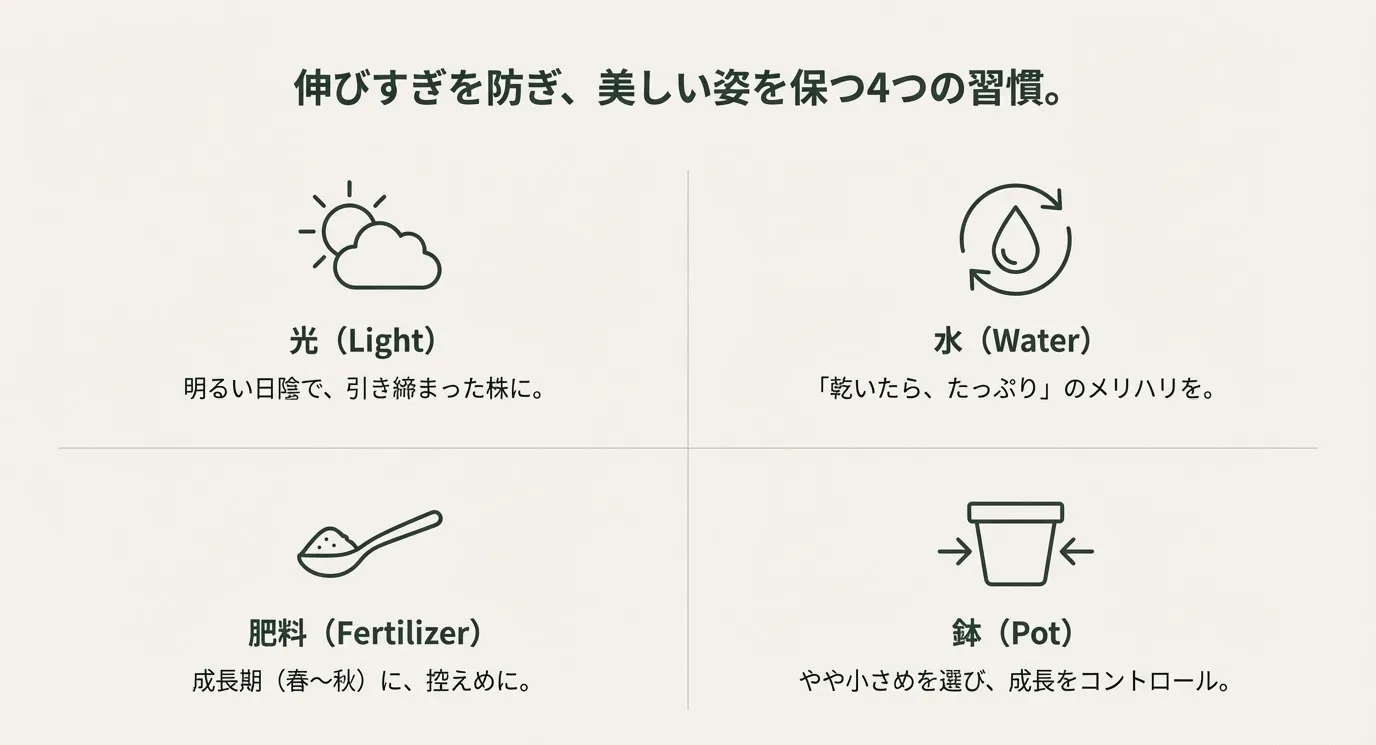 光（明るい日陰）、水（メリハリ）、肥料（成長期のみ）、鉢（やや小さめ）の4つの管理ポイントをアイコンで示したまとめ