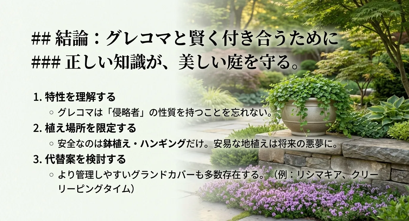 正しい知識が美しい庭を守る。1.特性を理解する(侵略者であることを忘れない)、2.植え場所を限定する(安全なのは鉢植え・ハンギングだけ)、3.代替案を検討する(リシマキアやタイムなど)