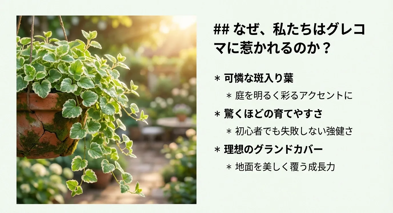 ハンギングバスケットに植えられた可憐な斑入り葉のグレコマ。特徴として、明るいアクセントになること、驚くほどの育てやすさ、初心者でも失敗しない強健さ、理想のグランドカバーであることが挙げられている