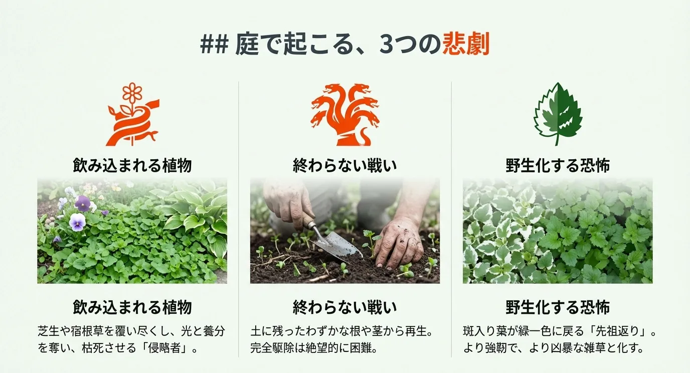 庭で起こる3つの悲劇。1.飲み込まれる植物(芝生や宿根草を枯死させる)、2.終わらない戦い(わずかな根から再生し駆除困難)、3.野生化する恐怖(斑入りが緑に戻る先祖返りで強靭・凶暴化)