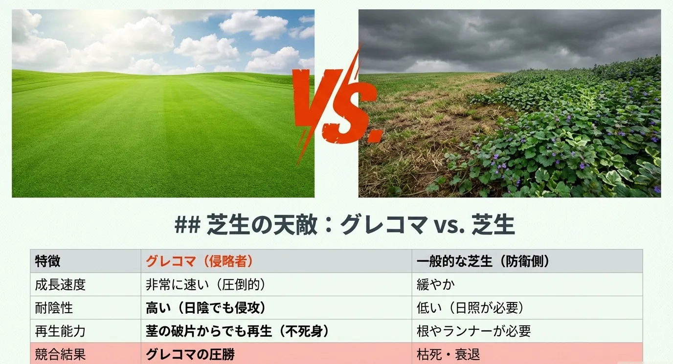 グレコマと一般的な芝生の比較表。成長速度、耐陰性、再生能力においてグレコマが圧倒しており、競合結果はグレコマの圧勝、芝生は枯死・衰退することを説明