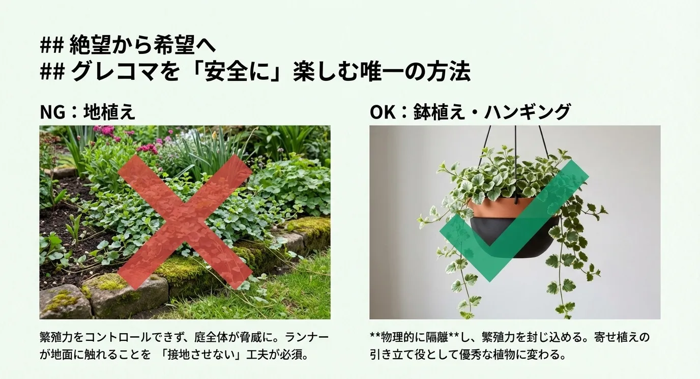 地植えには赤いバツ印、鉢植え・ハンギングには緑のチェック印。物理的に隔離し、ランナーを地面に接地させない工夫が必須であることを強調