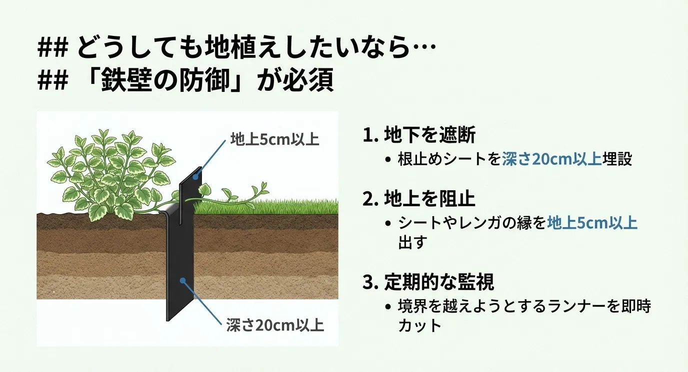 地植えをする場合の防御策。地下を遮断するため根止めシートを深さ20cm以上埋設し、地上への侵出を防ぐためシートを5cm以上出す構造図。定期的な監視とランナーのカットも推奨